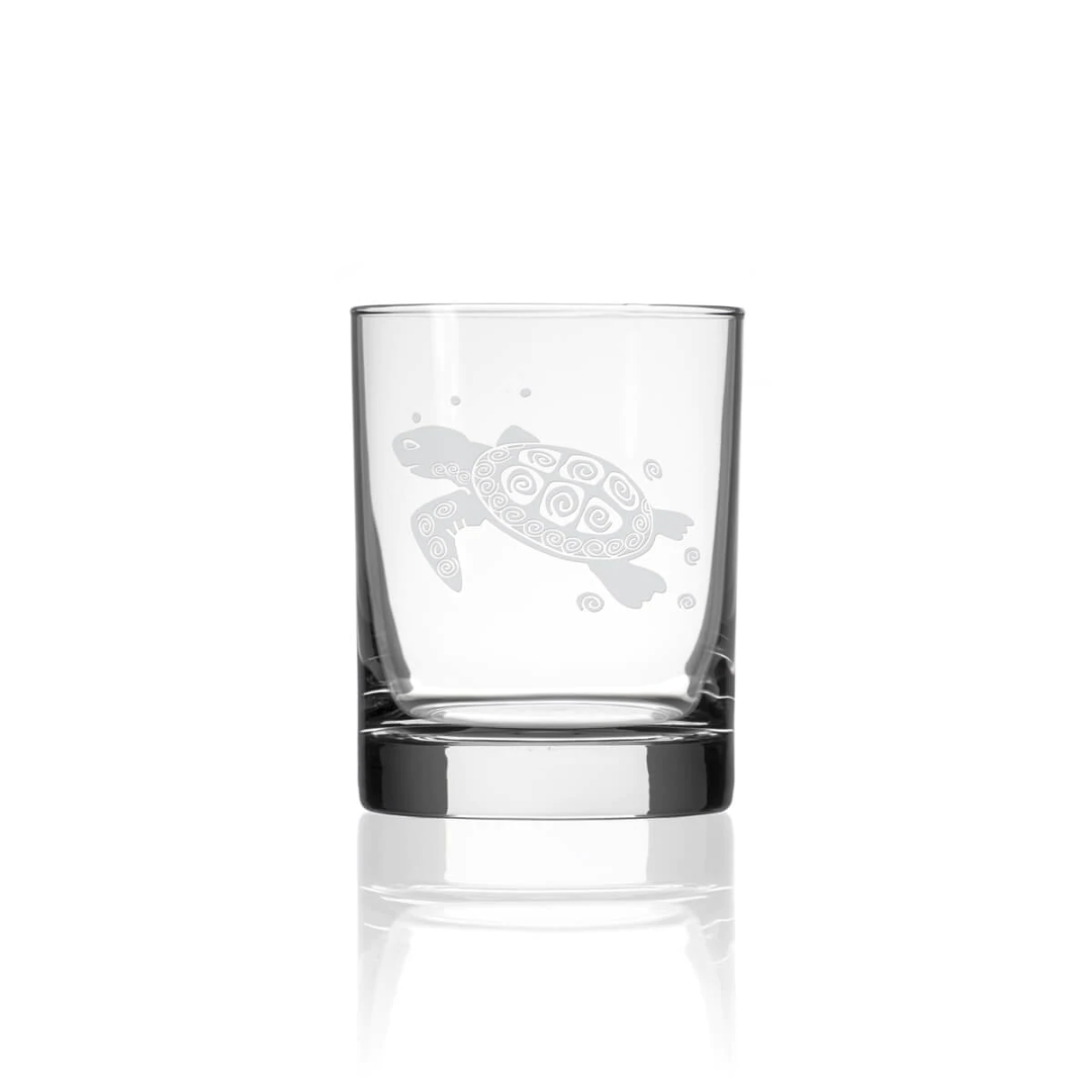 Etched Double Old-Fashioned Glass 14oz - Sea Turtle