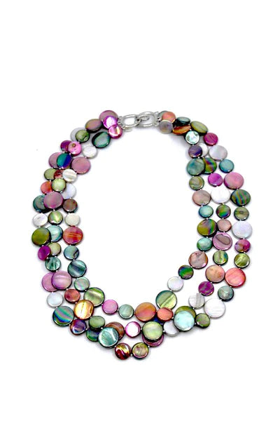 Mother of Pearl 3-Strand Necklace - Berry / Teal / Light Gray