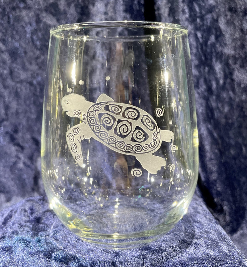 Stemless Etched Wine Glass 17oz - Sea Turtle