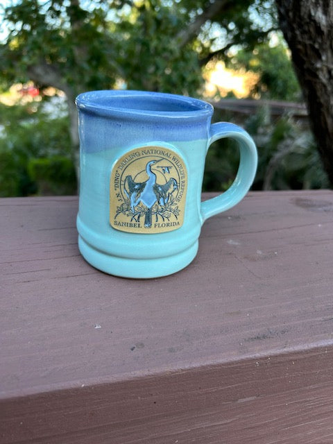 Hand Thrown Pottery Mug Aqua/Blue/White Glaze-Wildlife Society Logo