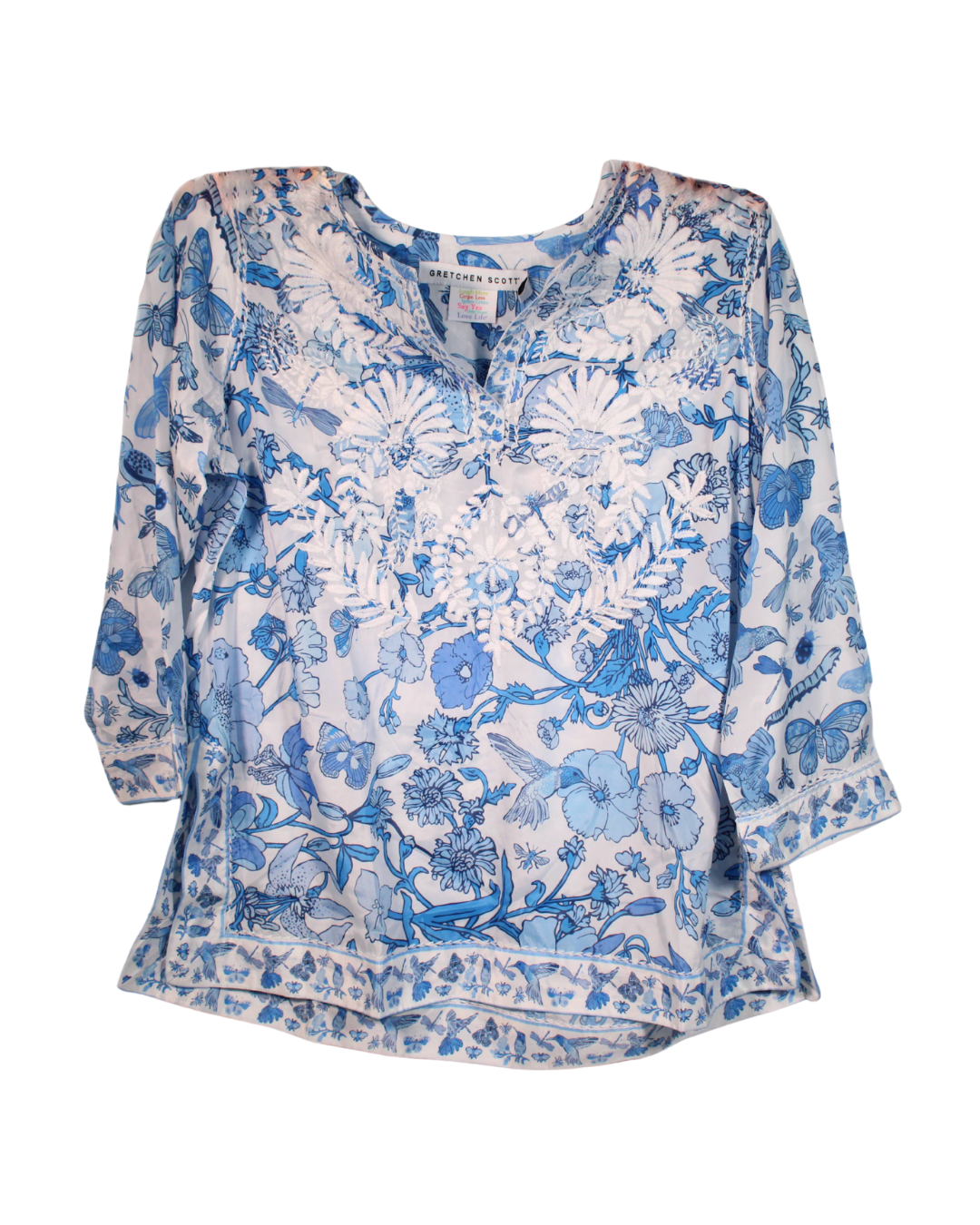 GS - Silk embroidered tunic Birds & Bees Blue