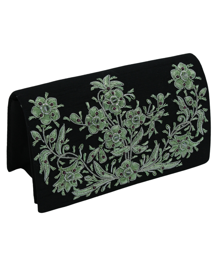 MZ Handbag Black Silk Green Floral