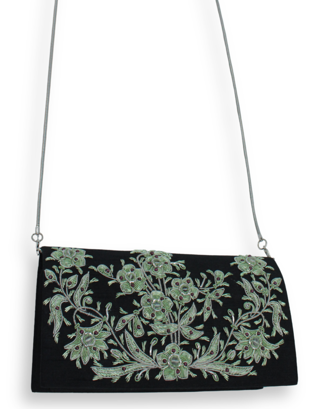 MZ Handbag Black Silk Green Floral