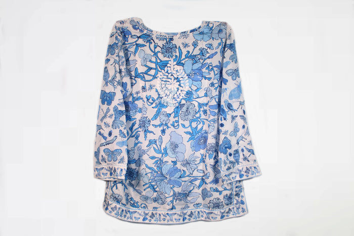 GS - Silk embroidered tunic Birds & Bees Blue