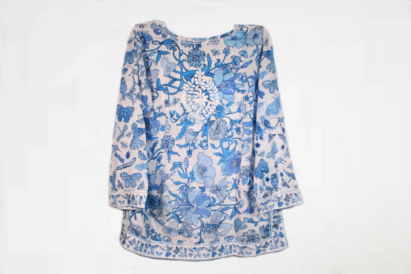 GS - Silk embroidered tunic Birds & Bees Blue