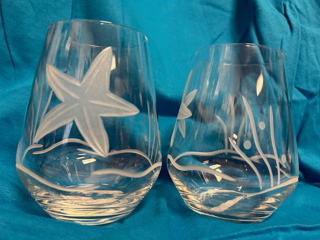 Stemless Etched Wine Glass 17oz - Sea Star