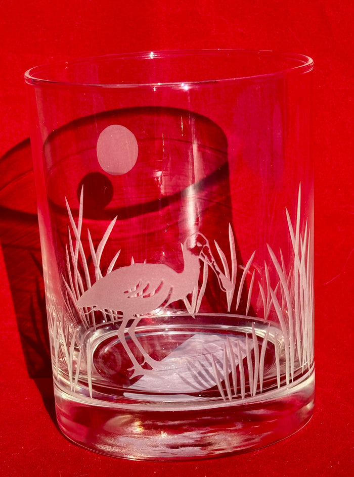 Etched Double Old Fashion Glass Roseate Spoonbill-Custom Artwork