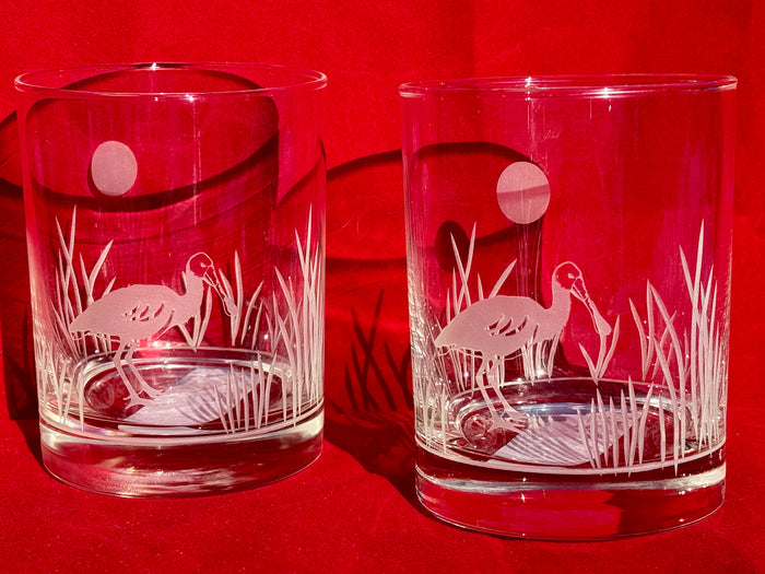 Etched Double Old Fashion Glass Roseate Spoonbill-Custom Artwork