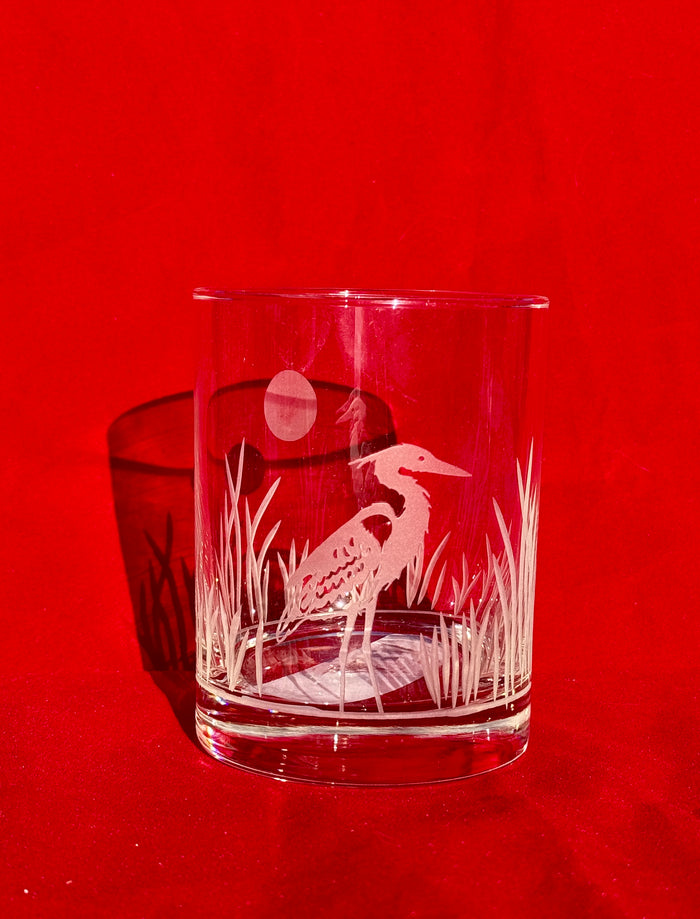 Etched Heron Double Old Fashion