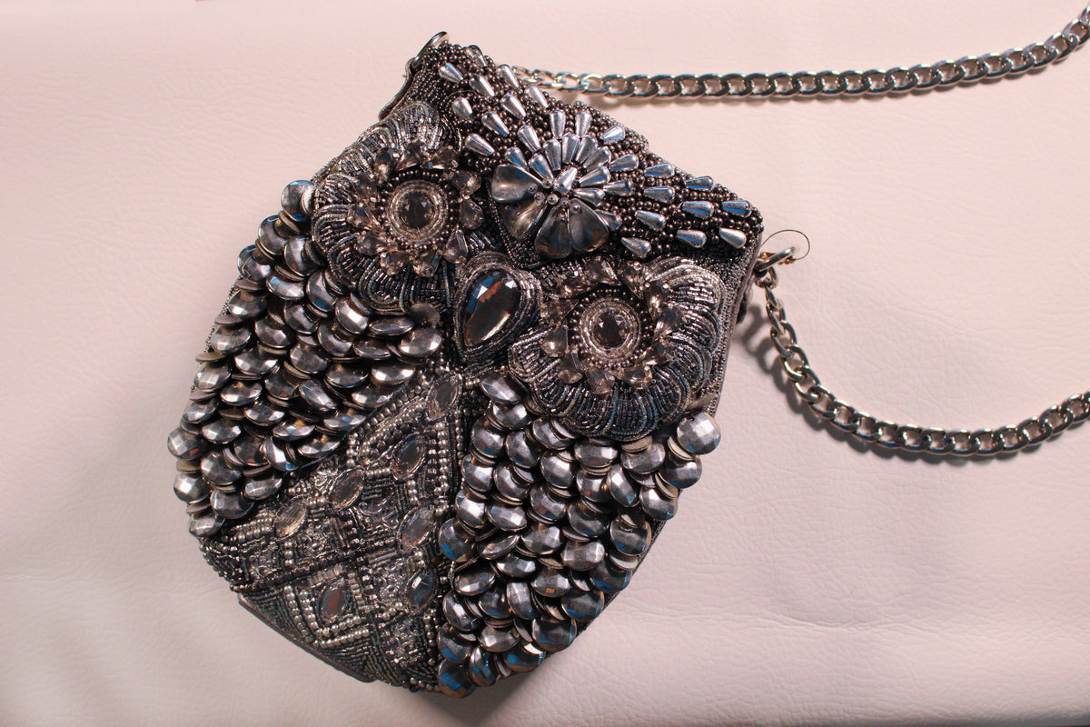 Mary Frances Silver Beaded Owl Crossbody