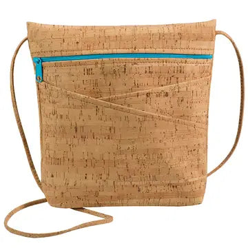 Rustic Cork Criss-Cross Pocket Body Bag-Natalie Therese-Aqua Zip