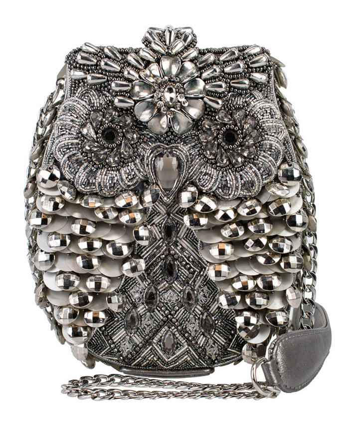 Mary Frances Silver Beaded Owl Crossbody