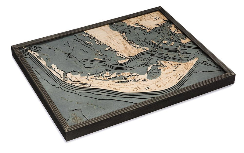 Sanibel Island 3D Wooden Chart Map Wall Art - Gray Frame