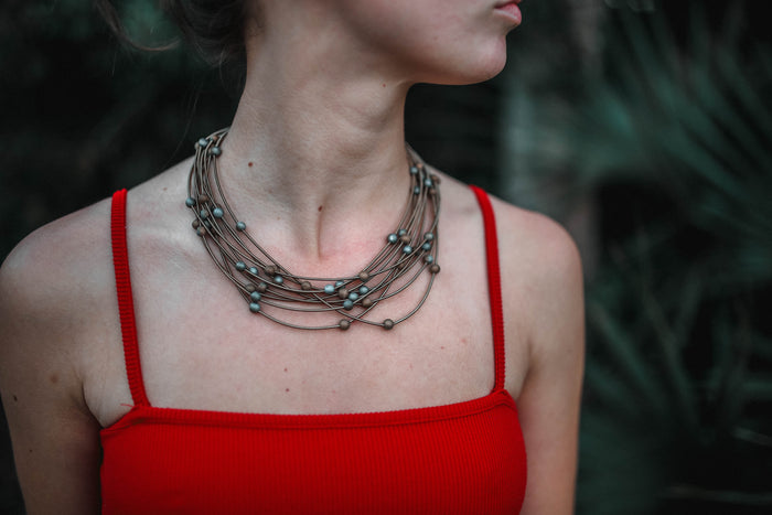 Reclaimed Piano Wire Necklace With Geodes - Bronze