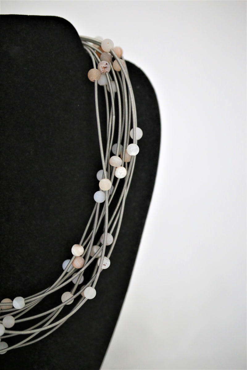 Reclaimed Piano Wire Necklace With Geodes - Apricot and Slate