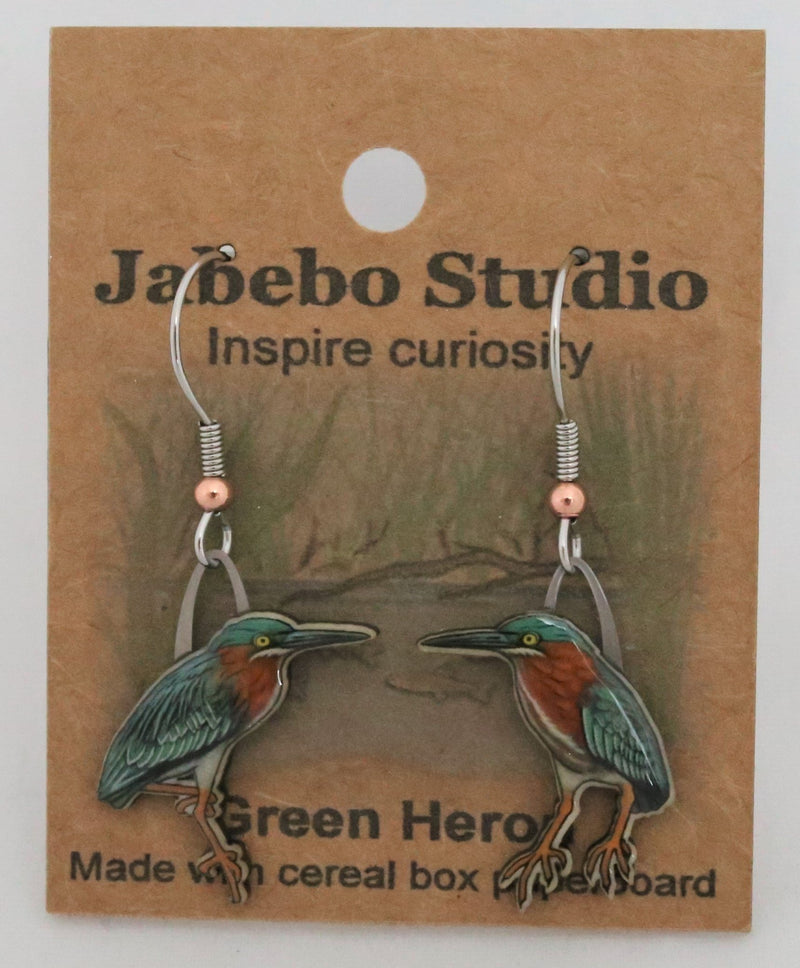 Recycled Green Heron Earrings