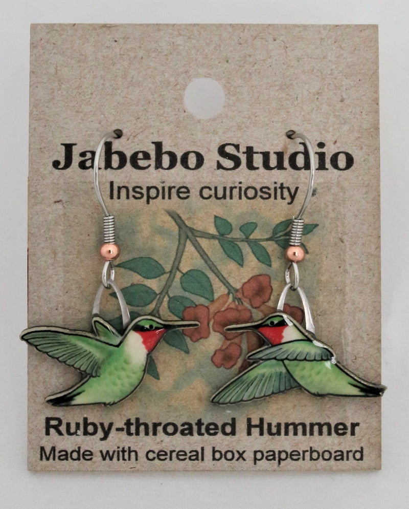 Recycled Ruby-Throated Hummingbird Earrings