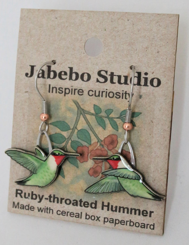 Recycled Ruby-Throated Hummingbird Earrings