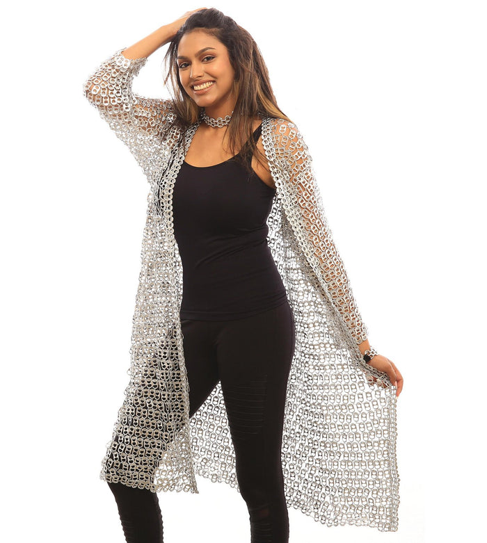 Eco-Friendly Upcycled Pop-Top Silver Duster Jacket - Kimono