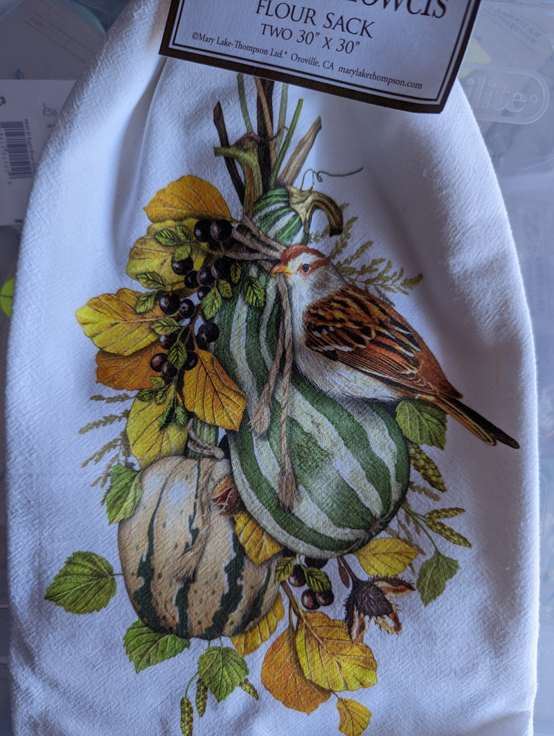 Kitchen Towels - Set of Two - Striped Squash Bird
