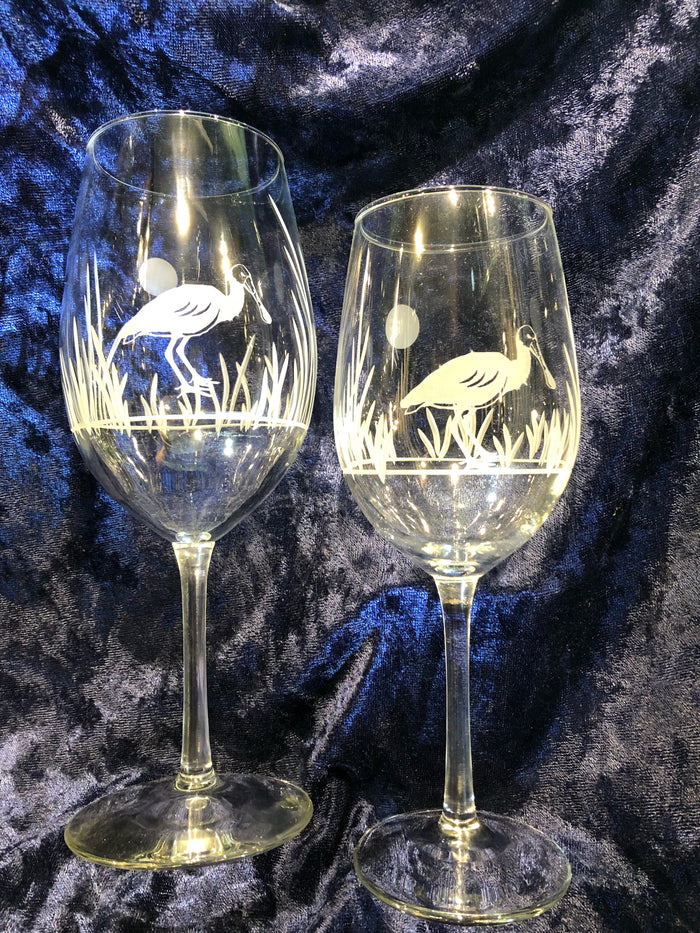 Etched Wine Glass 12oz - Roseate Spoonbill - Custom Artwork