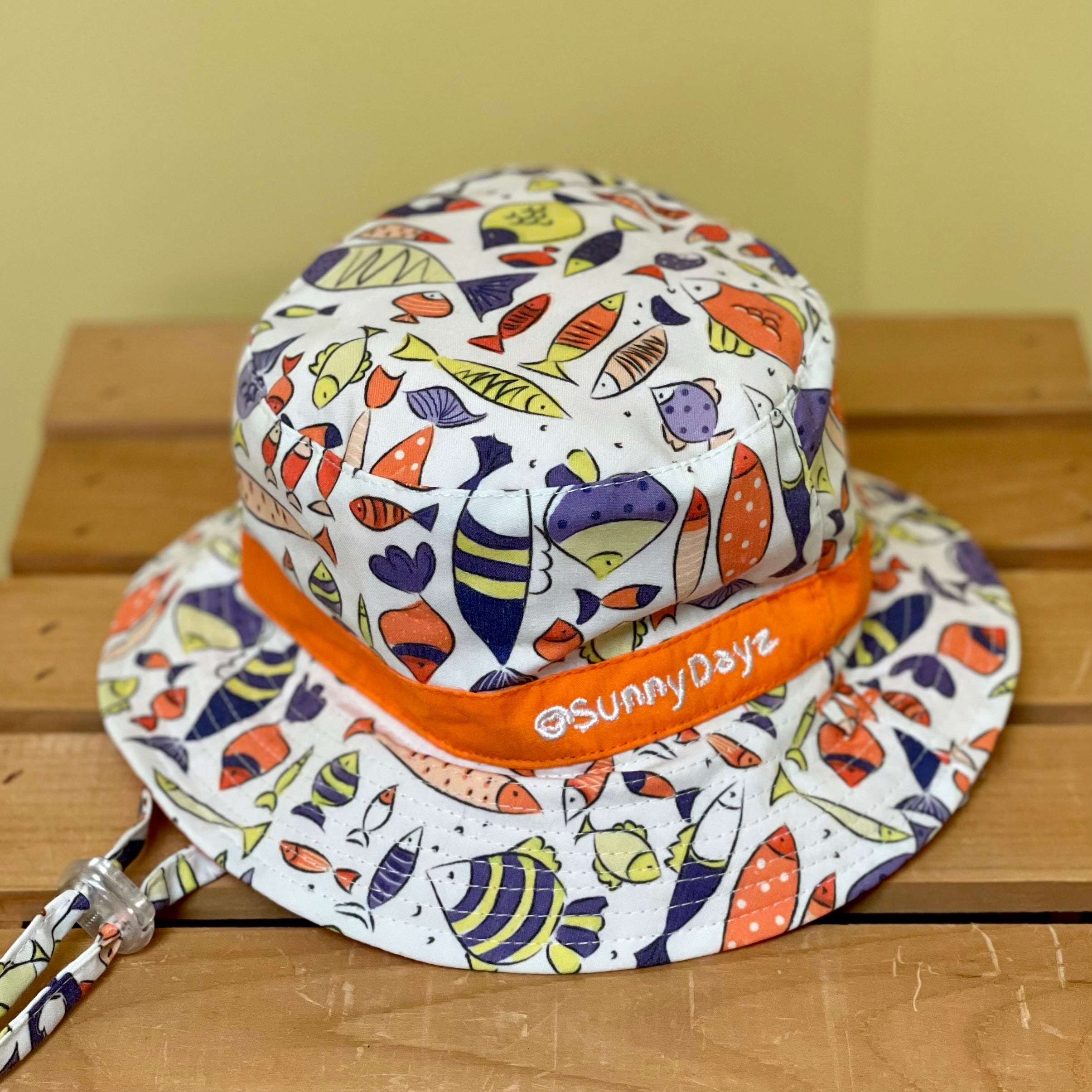 Kids Reversible Cotton Bucket Hat Happy Fish 2 sizes