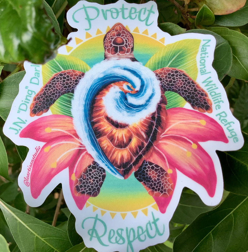 Protect Respect Turtle - "Ding" Darling Whimsical Art Sticker