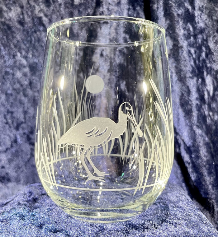 Stemless Etched Wine Glass 17oz - Roseate Spoonbill - Custom Artwork