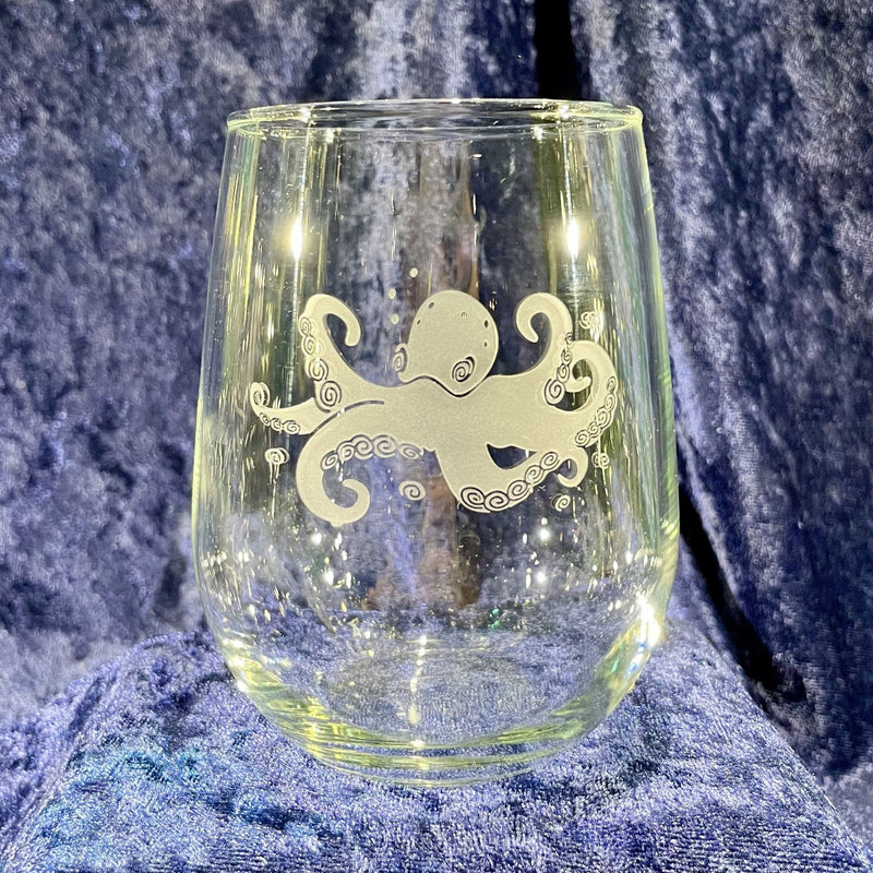 Stemless Etched Wine Glass 17oz - Octopus