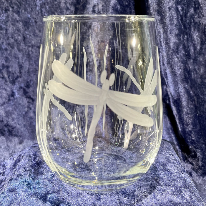 Stemless Etched Wine Glass 17oz - Dragonfly