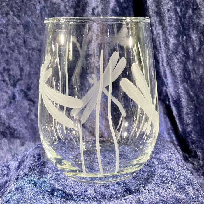 Stemless Etched Wine Glass 17oz - Dragonfly